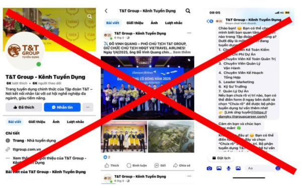 Trang fanpage “T&T group – Kênh tuyển dụng” mạo danh T&T Group trên mạng xã hội để lừa đảo, chiếm đoạt tài sản
